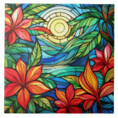 Tropische bloemen in maanlicht gebrandschilderde g tegeltje (Voorkant)