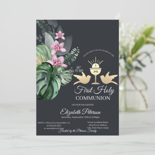 Tropische bloemen Kelk Eerste Heilige Communie Kaart (Staand voorkant)