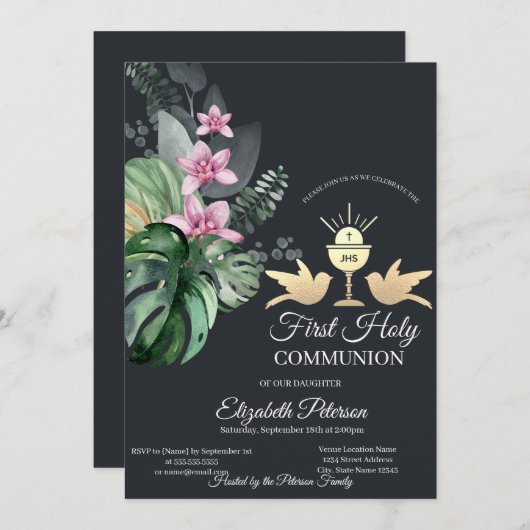 Tropische bloemen Kelk Eerste Heilige Communie Kaart (Voorkant / Achterkant)