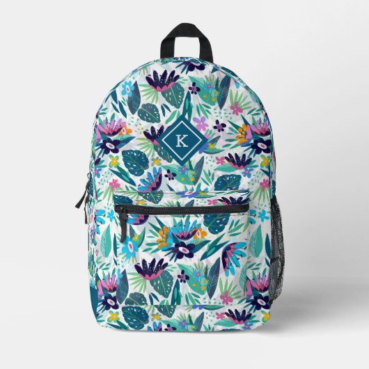 Tropische bloemen kleurrijk patroon monogram bedrukte rugzak (Voorkant)