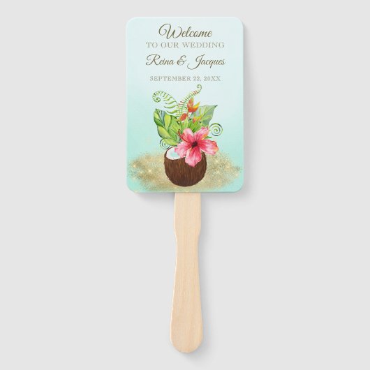 Tropische Bloemen Kokos Ananas Bruiloft Partij Handwaaier (Voorkant)