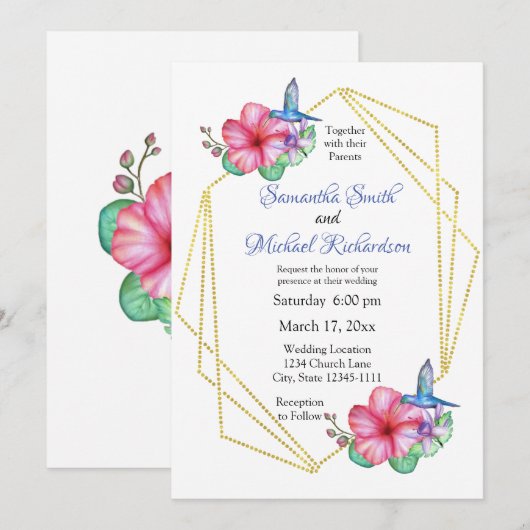 Tropische bloemen kolibrie bruiloft kaart (Voorkant / Achterkant)