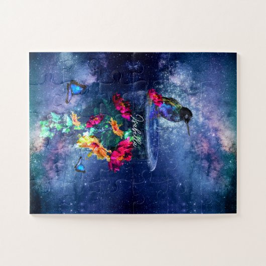 Tropische bloemen, kolibrie, vlinder en sterren legpuzzel (Horizontaal)