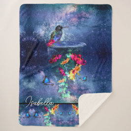 Tropische bloemen, kolibrie, vlinder en sterren sherpa deken