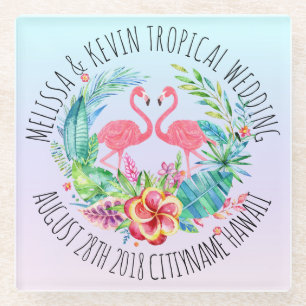 Tropische bloemen krans & roze flamingo's glazen onderzetter