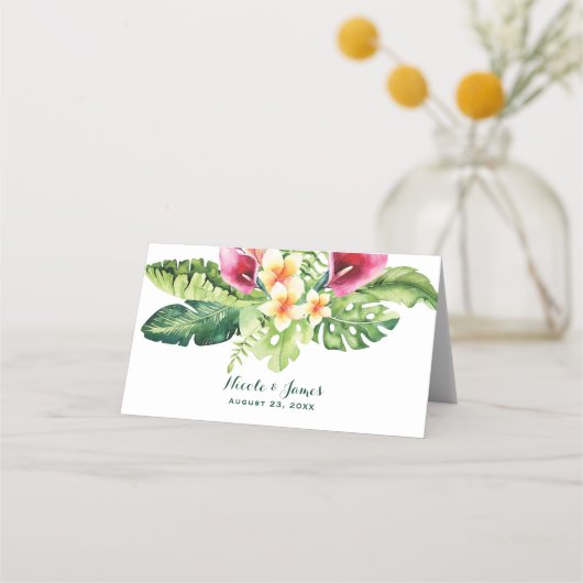 Tropische bloemen laat bloemenchique bruiloft acht plaatskaartje (Voorkant)