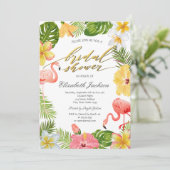 Tropische bloemen laten roze flamingo's achter kaart (Staand voorkant)