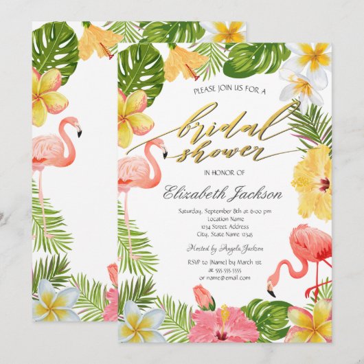 Tropische bloemen laten roze flamingo's achter kaart (Voorkant / Achterkant)