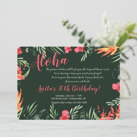 Tropische bloemen Luau uitnodiging (Staand voorkant)