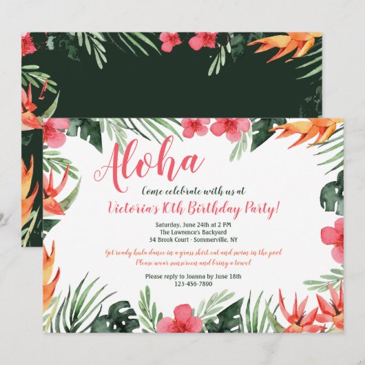 Tropische bloemen Luau uitnodiging (Voorkant / Achterkant)