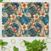 Tropische bloemen met blauw en groen blad theedoek (Gevouwen)