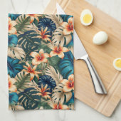 Tropische bloemen met blauw en groen blad theedoek (Quarter Fold)