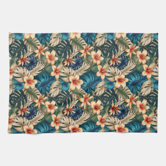 Tropische bloemen met blauw en groen blad theedoek (Horizontaal)