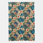 Tropische bloemen met blauw en groen blad theedoek (Verticaal)