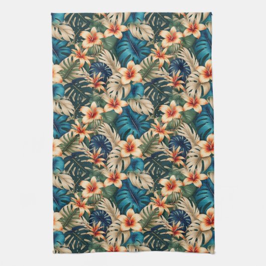 Tropische bloemen met blauw en groen blad theedoek (Verticaal)