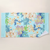 Tropische Bloemen met een Blue Border Beach Handdo Strandlaken (Voorkant)