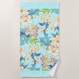 Tropische Bloemen met een Blue Border Beach Handdo Strandlaken