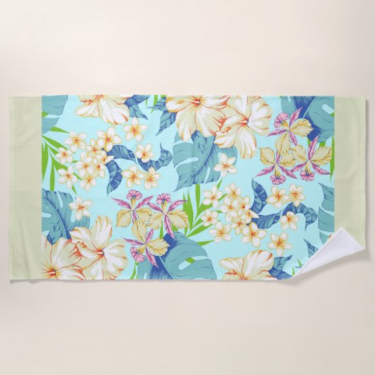 Tropische Bloemen met een Green Border Beach Handd Strandlaken (Voorkant)