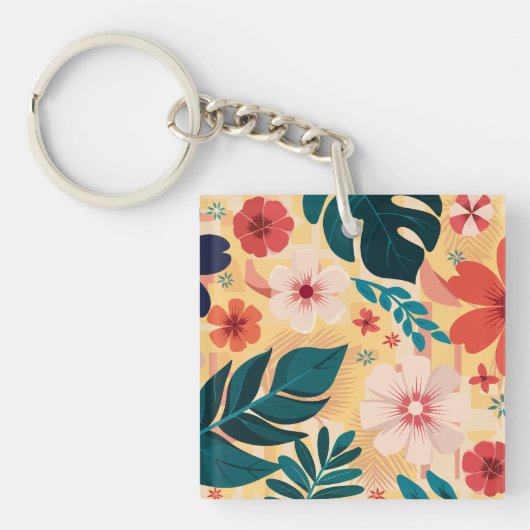 Tropische bloemen met gedurfde bladeren en bloemen sleutelhanger (Voorkant)
