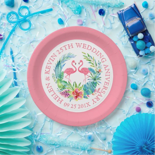 Tropische bloemen met roze flamingos papieren bordje (Feest)