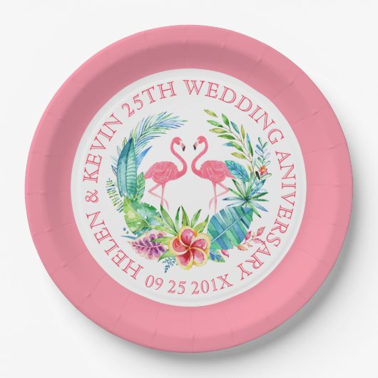 Tropische bloemen met roze flamingos papieren bordje (Voorkant)