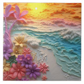 Tropische Bloemen met Strand Zonsondergang Tegeltje (Voorkant)