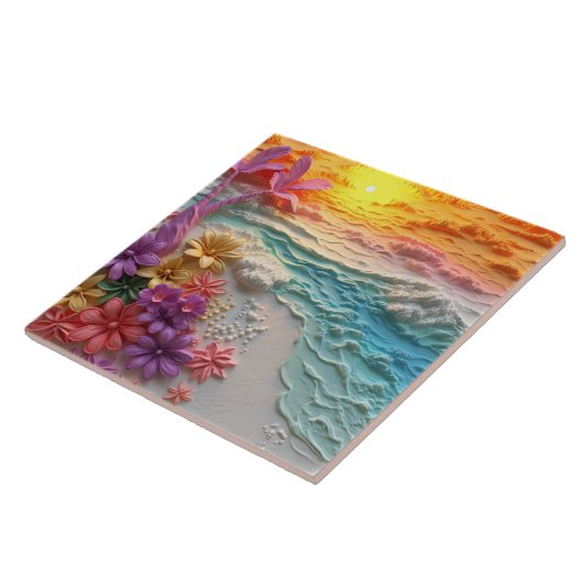 Tropische Bloemen met Strand Zonsondergang Tegeltje (Zijkant)