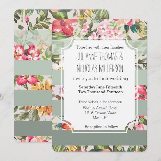 Tropische Bloemen Mint Stripes Bruiloft Kaart (Voorkant / Achterkant)