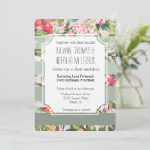 Tropische Bloemen Mint Stripes Bruiloft Kaart (Staand voorkant)