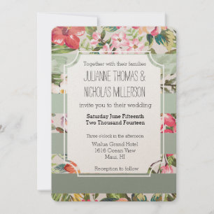 Tropische Bloemen Mint Stripes Bruiloft Kaart