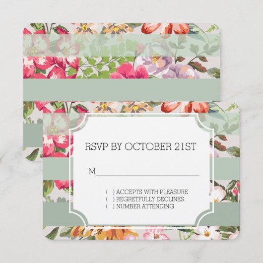 Tropische Bloemen Mint Stripes RSVP Kaart (Voorkant / Achterkant)
