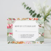Tropische Bloemen Mint Stripes RSVP Kaart (Staand voorkant)