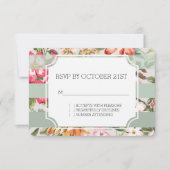 Tropische Bloemen Mint Stripes RSVP Kaart (Voorkant)