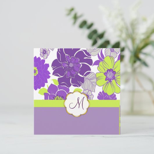Tropische bloemen + monogram, uitvindingen kaart (Staand voorkant)