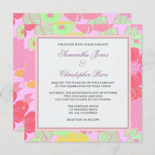 Tropische bloemen + monogram, uitvindingen kaart (Voorkant / Achterkant)