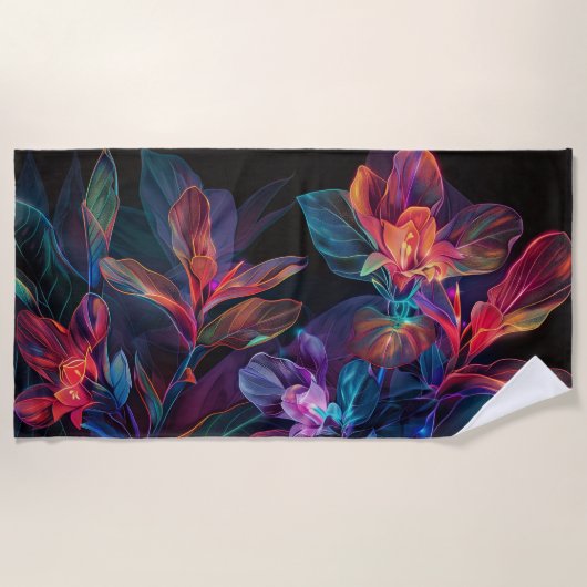 Tropische bloemen. Neon. Badhanddoek (Voorkant)