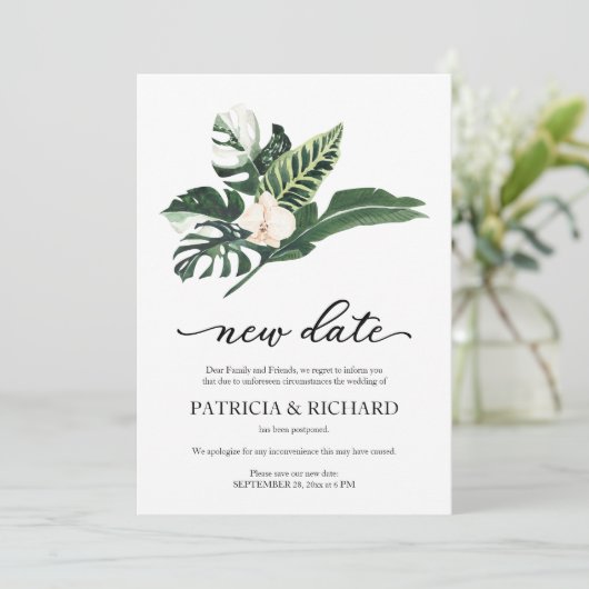 Tropische Bloemen Nieuwe Datum Huwelijk Uitstel Kaart (Staand voorkant)