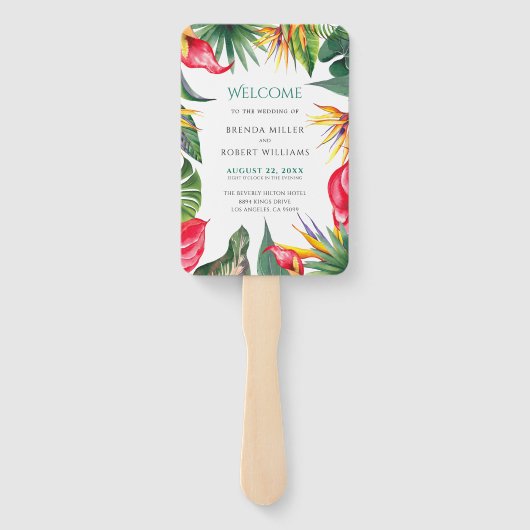 Tropische bloemen oases bruiloft handwaaier (Achterkant)