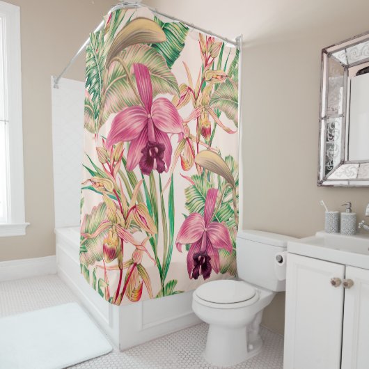 Tropische bloemen, orchidebloem, oerwoud bladeren, douchegordijn (In situ)