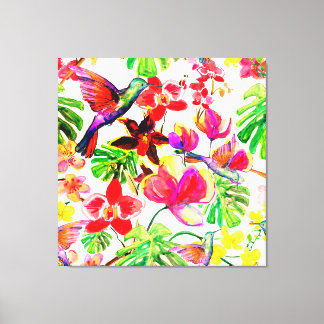 Tropische bloemen, orchidee en vochtige vogels canvas afdruk