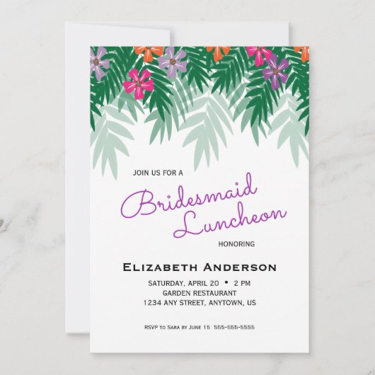 Tropische Bloemen & Palm Branch Bruidsmeisje Lunch Kaart (Voorkant)