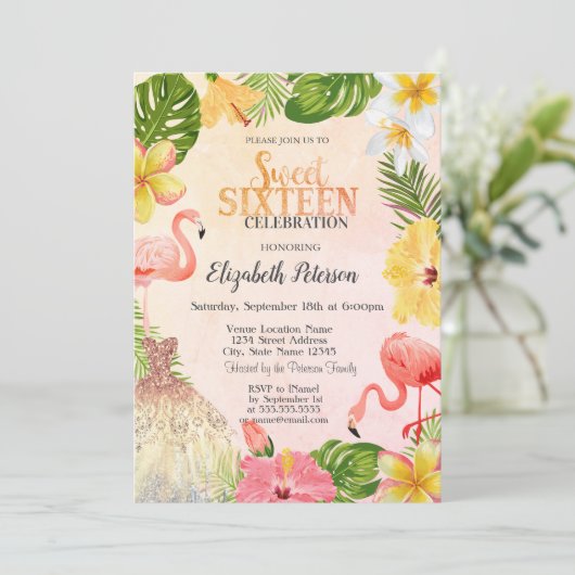 Tropische bloemen Palm Flamingo's Dress Sweet 16 Kaart (Staand voorkant)
