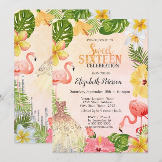 Tropische bloemen Palm Flamingo's Dress Sweet 16 Kaart (Voorkant / Achterkant)