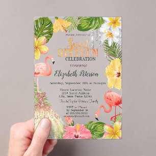 Tropische Bloemen Palm Flamingo's Jurk Sweet 16 Acryl Uitnodigingen