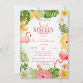 Tropische Bloemen Palm Flamingos Sweet 16 Party Kaart (Voorkant)