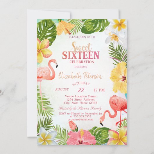 Tropische Bloemen Palm Flamingos Sweet 16 Party Kaart (Voorkant)