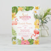 Tropische Bloemen Palm Flamingos Sweet 16 Party Kaart (Staand voorkant)