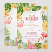 Tropische Bloemen Palm Flamingos Sweet 16 Party Kaart (Voorkant / Achterkant)