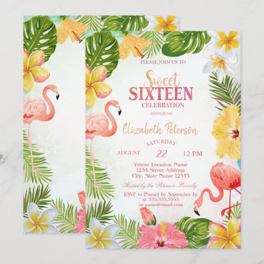 Tropische Bloemen Palm Flamingos Sweet 16 Party Kaart (Voorkant / Achterkant)
