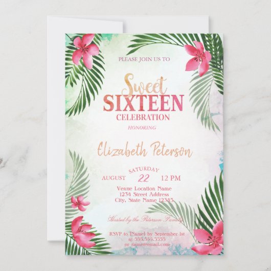 Tropische bloemen Palm Leaves Summer Sweet 16 Part Kaart (Voorkant)